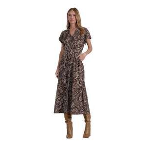 Elan Brown Paisley Short Sleeve Button Down Maxi Dress with Waist Tie - XS